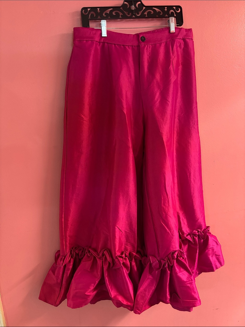 Fuchsia Ruffle-Hem wide leg pants